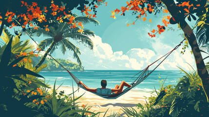 Wall Mural - Illustration of a person lying on a hammock and looking at the sea