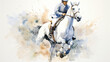 Show jumper. Equestrian Elegance: illustration of a Horse Rider in a Racing Pose, Colours softly blending into Pure White 