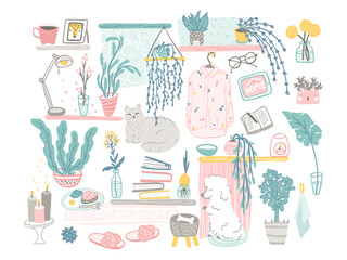 Naklejka na meble Cozy home decor elements set. Vector hand drawn illustrations of cute things and pets in a simple cartoon flat scandinavian style in a pastel palette. Stay at home. Isolate on a white background.
