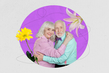 Poster - 3d retro abstract creative artwork template collage of cute pensioner couple embrace flowers fantasy billboard comics zine minimal