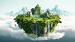 Flying land with beautiful landscape, green grass and waterfalls mountains, floating forest island isolated with clouds