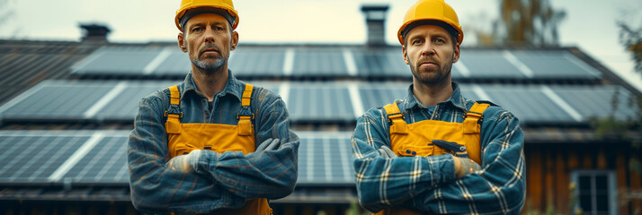 Workers in special clothes stand against the background of solar panels. Portraits of people after installation of equipment.