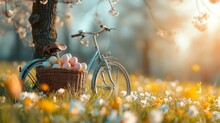 Easter Egg Hunt With Bicycle Under Blossom.
A Woven Basket Filled With Easter Eggs On A Bicycle Under A Tree With White Blossoms.