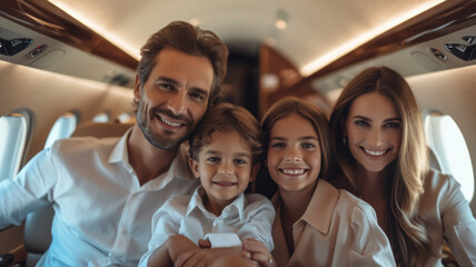 Happy family aboard a private plane, portraying the joy of family and jet setting with a luxurious aircraft interior.