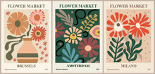 Set Of Abstract Flower Market Posters. Trendy Botanical Wall Arts With Floral Design In Bright Colors. Modern Naive Groovy Funky Interior Decorations, Paintings. Vector Art Illustration.