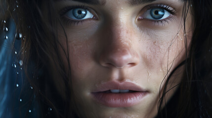 Biblical character. Emotional close up portrait of young woman with blue eyes and wet hair
