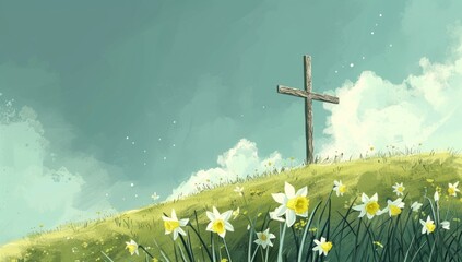 Wall Mural - cross at the hill and spring daffodils with spring flowers Generative AI