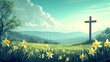 an easter landscape with a cross and daffodils in the background Generative AI
