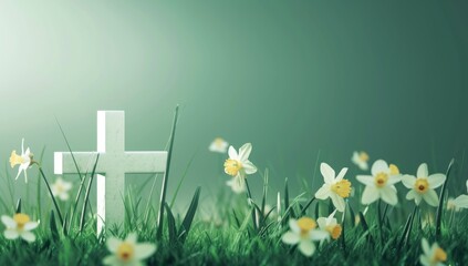 Wall Mural - flowering grass and white cross with daffodils generative AI
