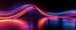 © Reeta - 3d render. Abstract panoramic background of twisted dynamic neon lines glowing in the dark room with floor reflection. Virtual fluorescent ribbon loop. Fantastic minimalist, Generative AI