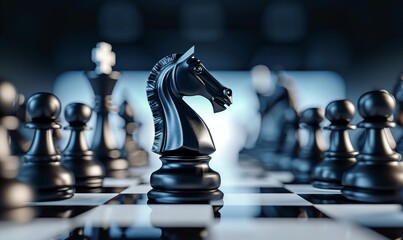 3d illustration, chess game aggressive move, black horse breakthrough, knight chess piece attacks. Business planning strategic concept, Generative AI