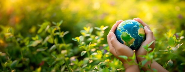 child holds a small earth on a green grass,, horizontal background. earth day banner template, ecolo