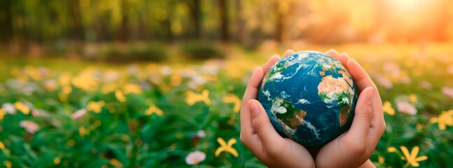 child holds a small earth on a green grass,, horizontal background. earth day banner template, ecolo