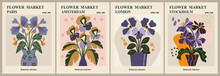 Set Of Abstract Flower Market Posters. Trendy Botanical Wall Arts With Violet Viola, February Birth Month Flowers. Modern Naive Groovy Funky Interior Decorations, Paintings. Vector Art Illustration. 