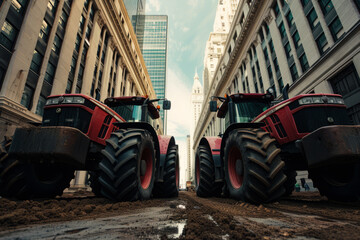 Wall Mural - Heavy agricultural machinery in city, Tractors block traffic on street, Farmers protest, Demonstration due to economic problems