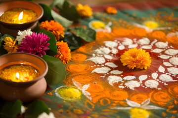 Wall Mural - Close up rangoli alpana . Top view. Ugadi festival in India. Marathi ne w year concept.