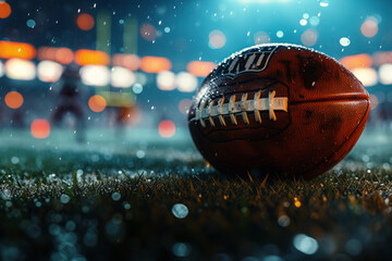 Wall Mural - American football ball on field with stadium lights in background. Night game