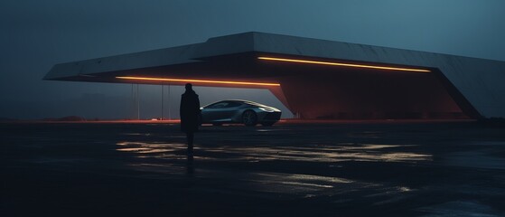 Futuristic illustration of a silhouette of a man walking towards a car in the dark