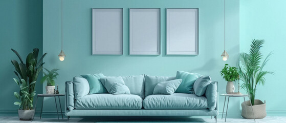 Frames mock up on color wall hanging above cozy home sofa. Modern living room comfortable stylish trendy couch posters decor background. Empty blank pictures canvas interior design decoration mockup .