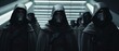 A group of people in dark masks or military intergalactic guards or soldiers