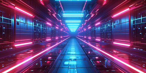 Poster - 3D rendering of a dark corridor with illuminated byneon lights