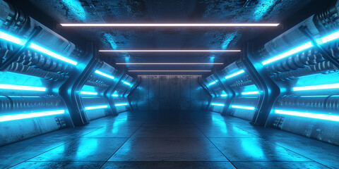 Poster - 3D rendering of a dark corridor with illuminated by blue neon lights