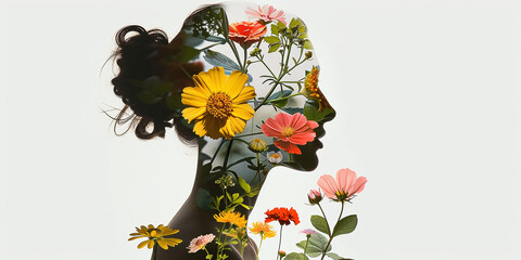 Wall Mural - collage of a woman with flowers in her head, naturalistic aesthetics, illustrations of psychological phenomena.