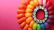 colorful sushi arranged in the shape of a circle on a pink background with a rainbow of sushi arranged in the shape of a circle.