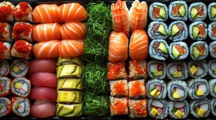 Wall Mural - a close up of sushi and other food items in a tray with a variety of different types of sushi.