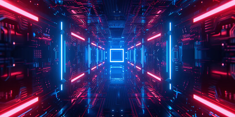 Poster - 3D rendering of a dark corridor with illuminated byneon lights