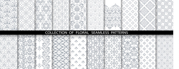Geometric floral set of seamless patterns. White and gray vector backgrounds. Damask graphic ornaments