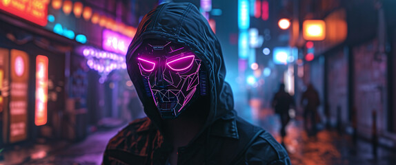 man in a mask with neon lights in cyberpunk style