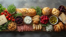 A Variety Of Cheeses, Meats, Fruits, And Breads Are Arranged On A Wooden Platter.