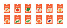Set Of Packaging With Seeds Drawn By Hand. Bright Packets Of Seeds. Vector Illustration.