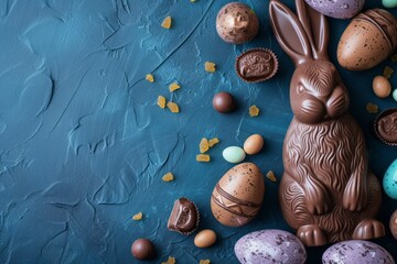 Wall Mural - Chocolate Easter bunny for children with different small sweets nearby for Easter celebration day, with copyspace	
