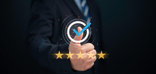 Wall Mural - thumb up with virtual quality certificate and analyst target marketing planning assignment with qual