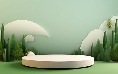 Canvas Print - Minimalist product display podium surrounded by vibrant tropical leaves on a soft green background.