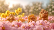 A Group Of Corn Cobs Floating On Top Of A Pond Of Water Surrounded By Pink Flowers And Yellow Daisies.