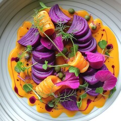 a plate of purple and orange vegetables on a yellow and white plate with a sprig of greenery.