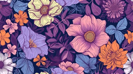 Wall Mural - flower, doodle, seamless pattern isolated on purple background. Generative Ai