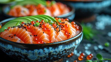 a close up of a bowl of food with salmon and avocado on a table with other plates of food in the background.