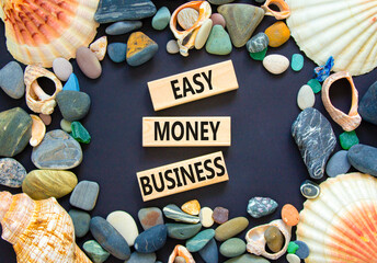 Easy money business symbol. Concept words Easy money business on beautiful wooden blocks. Beautiful black table black background. Sea shell stone. Easy money business concept. Copy space.