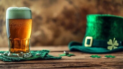 Wall Mural - Glass of delicious beer with green leprechaun hat, st. patrick's day celebration	
