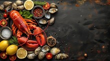 A Lobster, Clams, Lemons, And Other Foods Are Arranged On A Black Background With Space For Text.