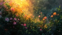 A Lush, Impressionistic Garden At Sunrise, With Thick, Vibrant Brush Strokes And Explosion Of Colors From The Blooming Flowers. Oil Painting. 
