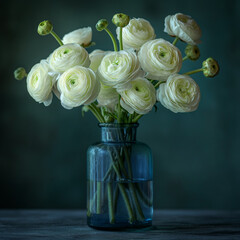 Wall Mural - Bouquet of white ranunculus on a pastel green background.