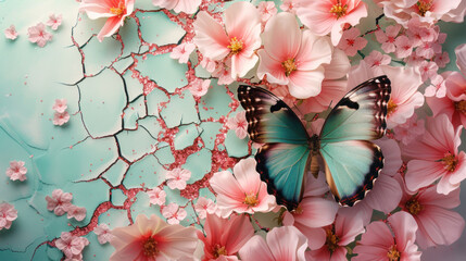 Wall Mural - 3D Floral Butterfly Cracked Wall as Wallpaper Background Illustration, sparkling butterfly and pink flowers on a green cracked background