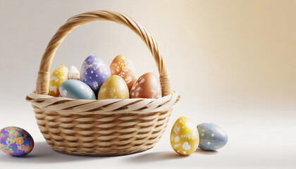 Wall Mural - Basket with painted Easter eggs on light background with copy space