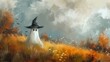 oil painting captures the essence of Halloween with a cute ghost wearing a witch hat amidst a beautiful meadow
