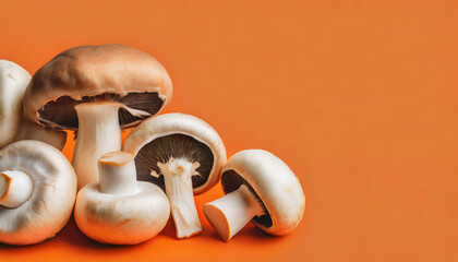 Fresh mushrooms on orange background with copy space